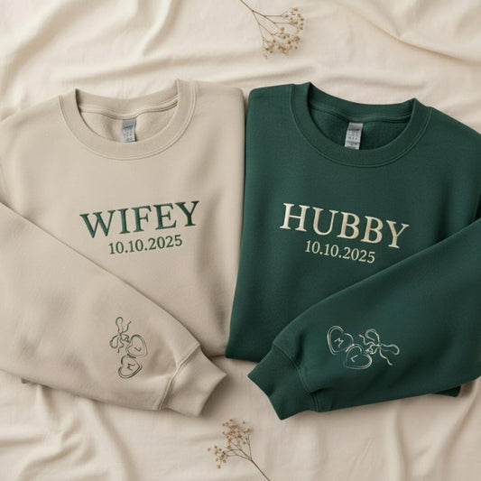 Custom Wifey Hubby Embroidered Sweatshirt Matching Couple Crewneck His And Her Sweatshirts Personalized Engagement Gift