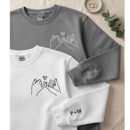 Custom Embroidered Couple Sweatshirt Personalized Initials on Sleeve Matching Anniversary Gift Valentines Day Outfit for Him Her