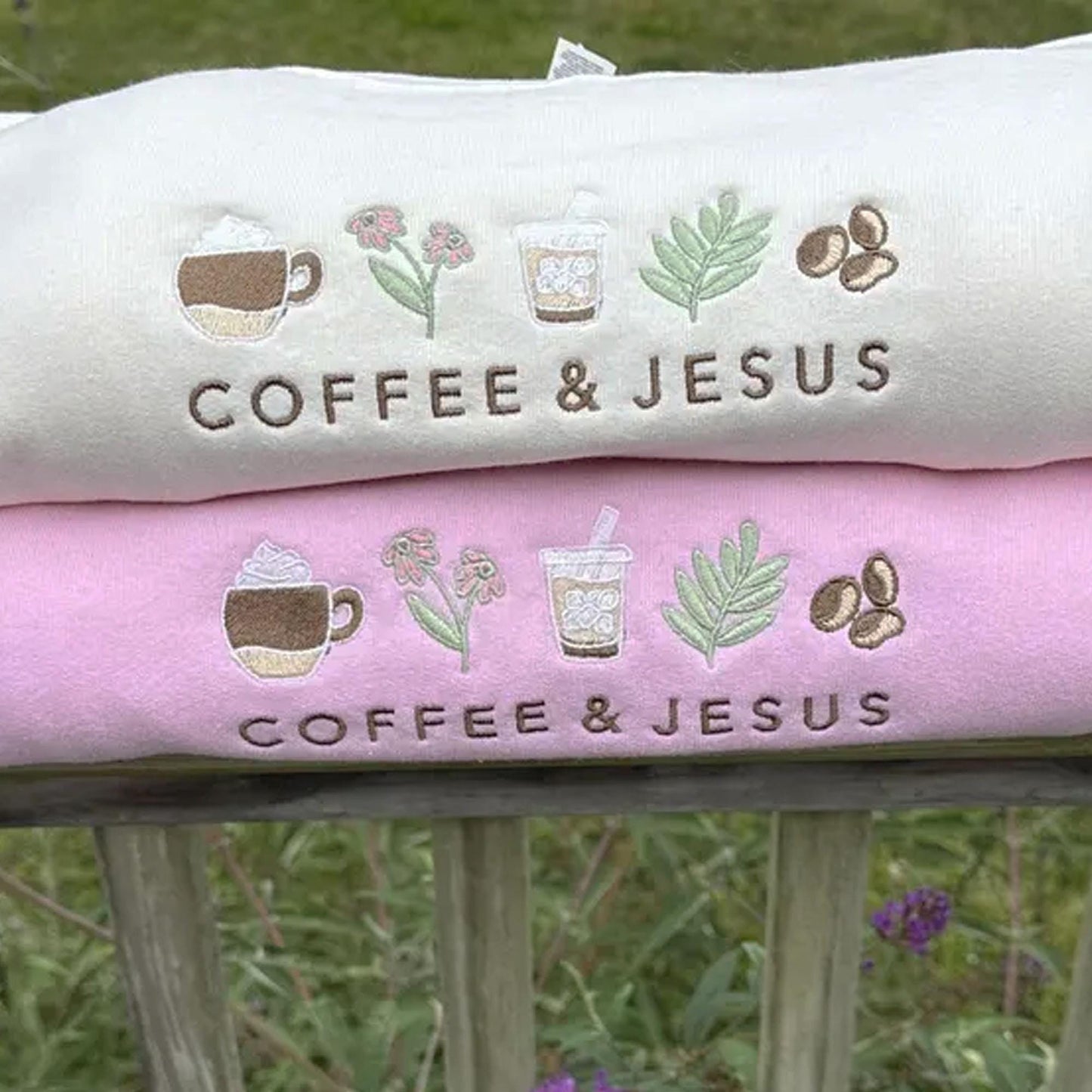 Embroidered Coffee and Jesus Crewneck: Christian Cozy Pullover