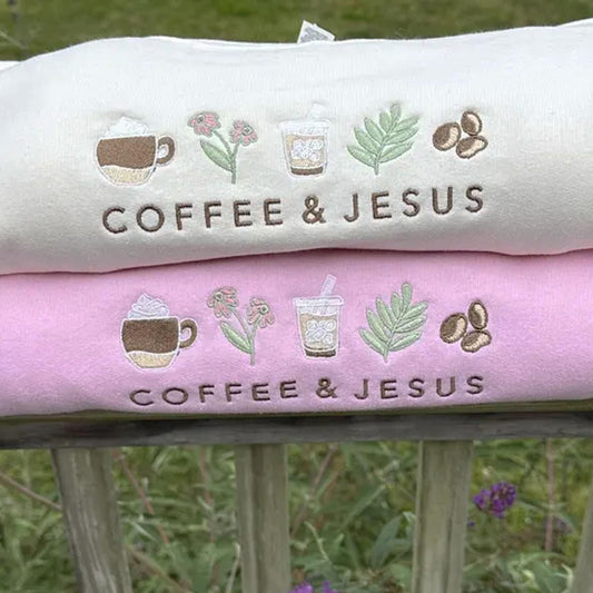Embroidered Coffee and Jesus Crewneck: Christian Cozy Pullover