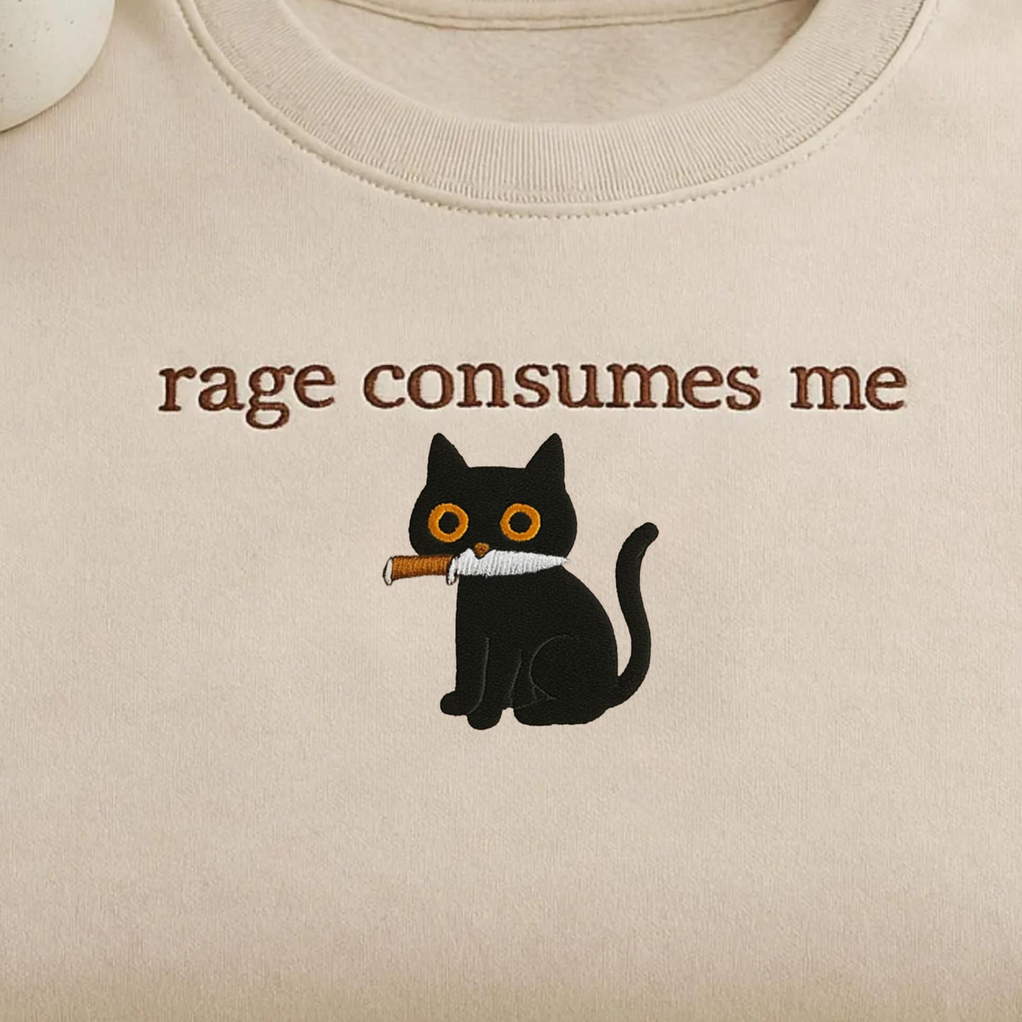 Rage Consumes Me Embroidered Sweatshirt: Funny Black Cat Meme