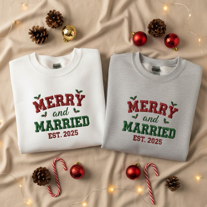 Merry and Married Embroidery Sweatshirt Christmas Newlywed Outfit Matching Couple Top Winter Fashion Bride and Groom Holiday Gift
