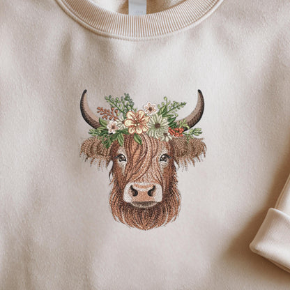 Highland Cow Embroidered Sweatshirt: Farm Animal Design