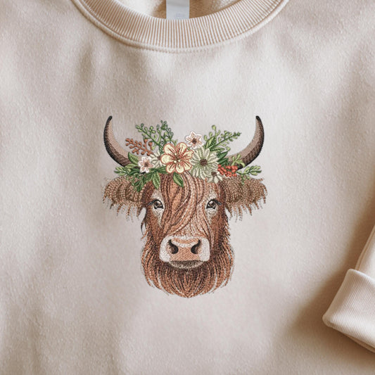 Highland Cow Embroidered Sweatshirt: Farm Animal Design