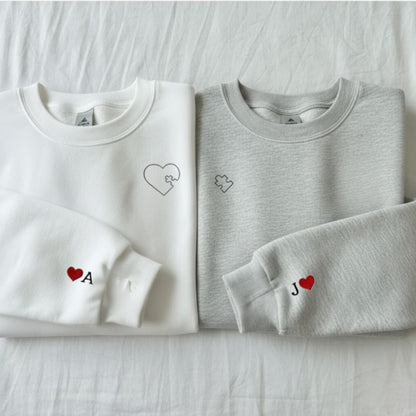 Personalized Embroidered Heart And Puzzle Piece Sweatshirt Matching Couples Gift Anniversary Valentines Day Gift For Boyfriend Girlfriend