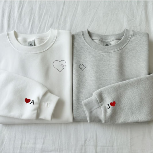 Personalized Embroidered Heart And Puzzle Piece Sweatshirt Matching Couples Gift Anniversary Valentines Day Gift For Boyfriend Girlfriend