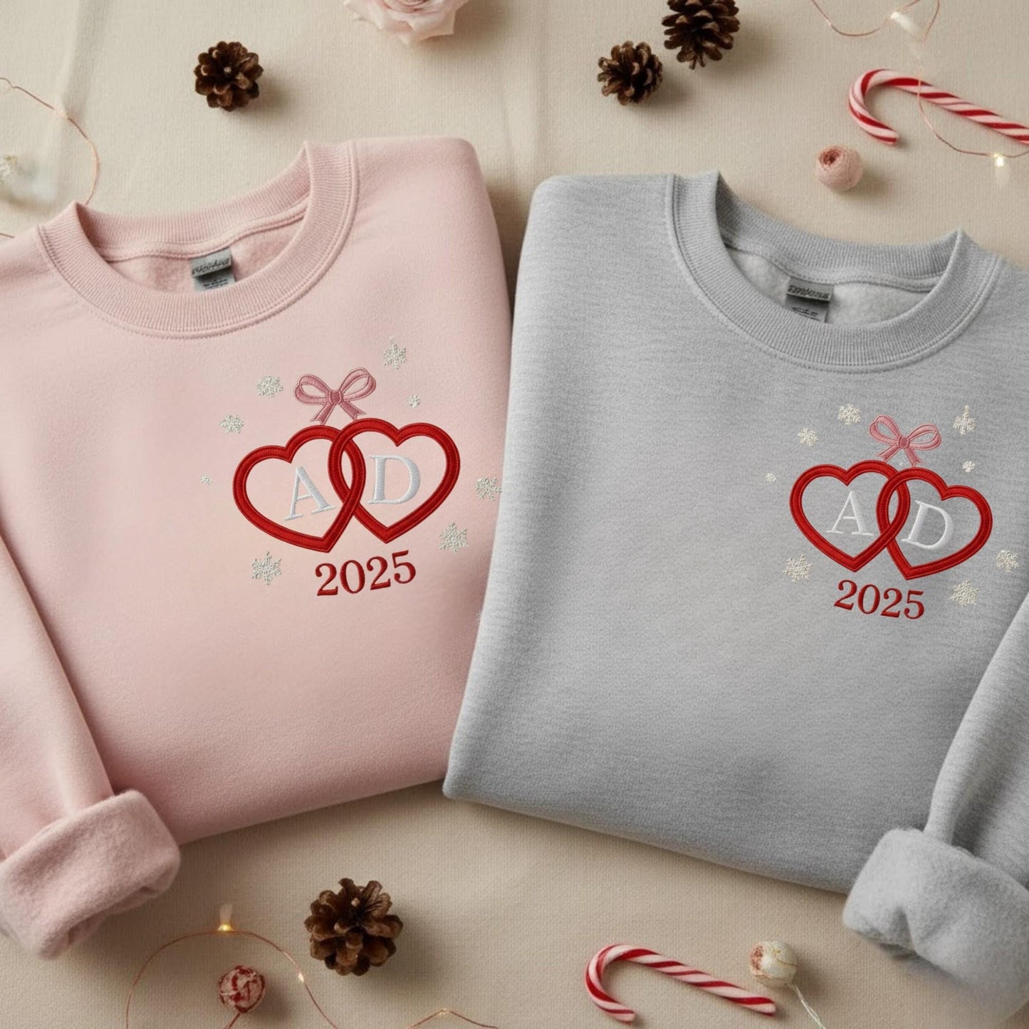 Heart Bow Embroidered Sweatshirt Personalized Couple Christmas and Valentine Gift, Custom Initials Monogram Shirt, Romantic Matching Outfit