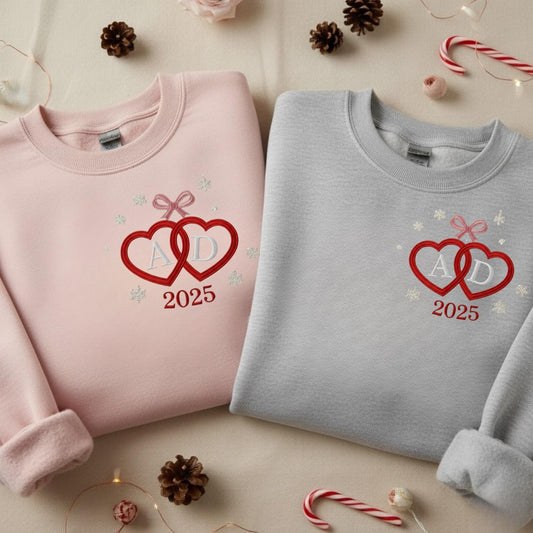Heart Bow Embroidered Sweatshirt Personalized Couple Christmas and Valentine Gift, Custom Initials Monogram Shirt, Romantic Matching Outfit