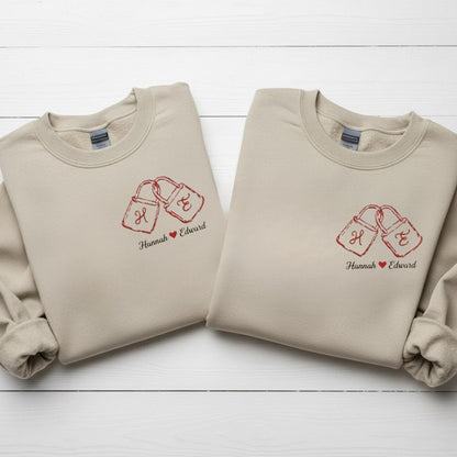 Embroidered Matching Couples Sweatshirt Personalized Initials Love Locks Design His And Hers Anniversary Gift For Couples
