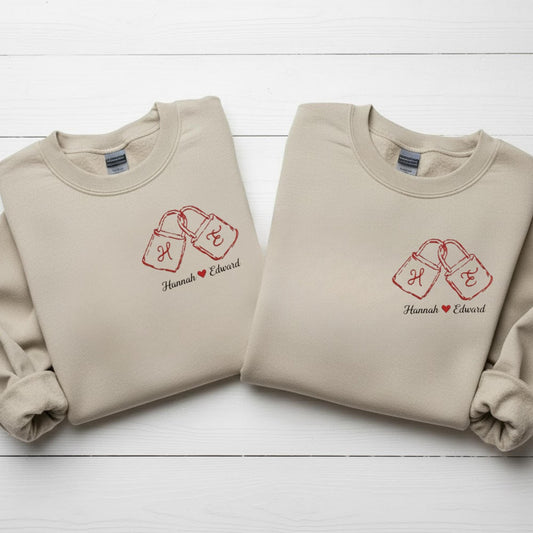 Embroidered Matching Couples Sweatshirt Personalized Initials Love Locks Design His And Hers Anniversary Gift For Couples