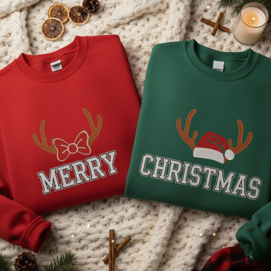 Embroidered Merry Christmas Matching Sweatshirt Couple Holiday Shirt Embroidery Crewneck Festive Winter Jumper Gift for Him Her