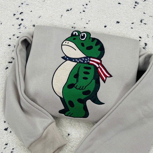 Embroidered Resist Portland Frog Sweatshirt, Cute Frog Lover Gift, Cozy Animal Crewneck, Unique Portland Hoodie, Funny Embroidered Top