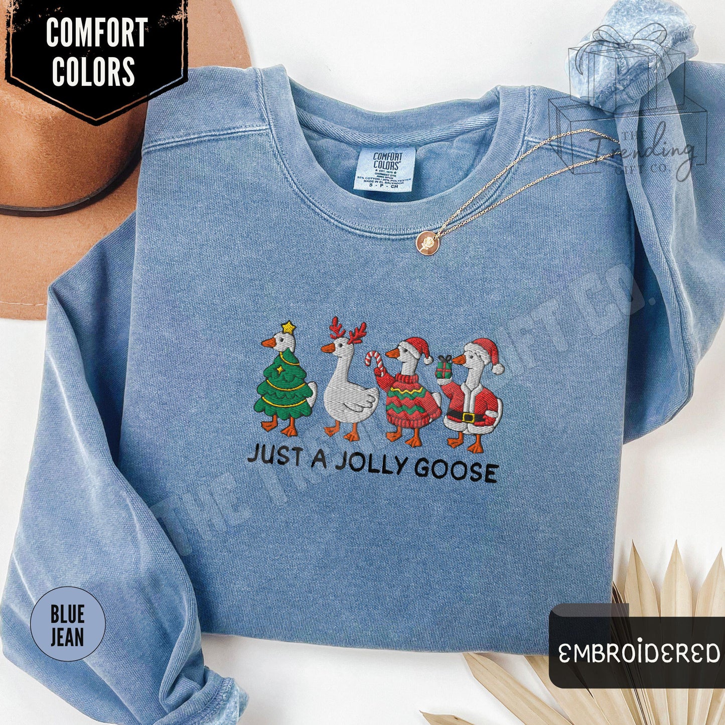Embroidered Silly Goose Christmas Sweatshirt,Comfort Colors Just a Jolly Goose Gift Holiday Xmas Crewneck,Christmas Lights Santa Goose Shirt