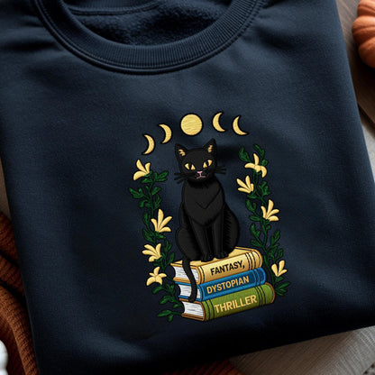 Embroidered Black Cat Sweatshirt: Celestial Moon Halloween Tee