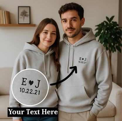 Personalized Embroidered Couple Sweatshirt, Hoodie Custom Initials Wedding Date on Left Chest Anniversary Gift T-Shirt, Valentines Day Shirt
