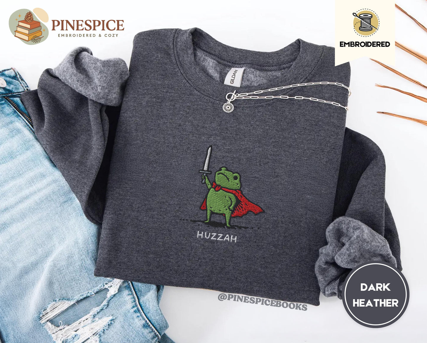Huzzah Frog Sweatshirt, Embroidered Gildan 18000, Funny DnD Pullover, Renaissance Faire Frog Crewneck, Medieval Fantasy Gamer Gift
