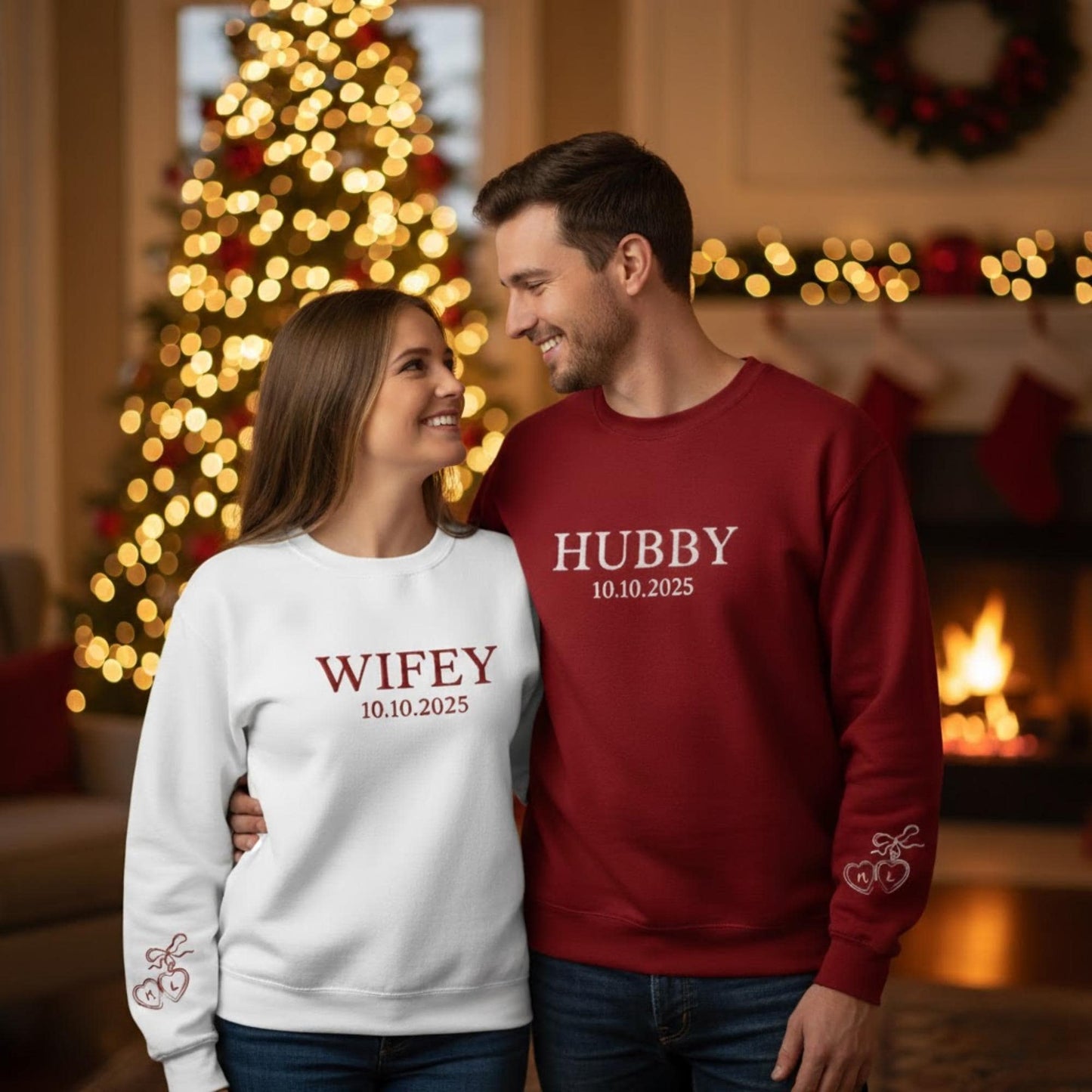 Custom Wifey Hubby Embroidered Sweatshirt Matching Couple Crewneck His And Her Sweatshirts Personalized Engagement Gift