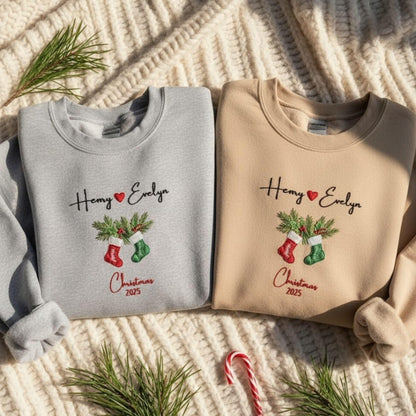 Personalized Couple Christmas 2025 Embroidered Sweatshirt Matching Holiday Outfit Custom Name Stocking Design Winter Gift for Him Her