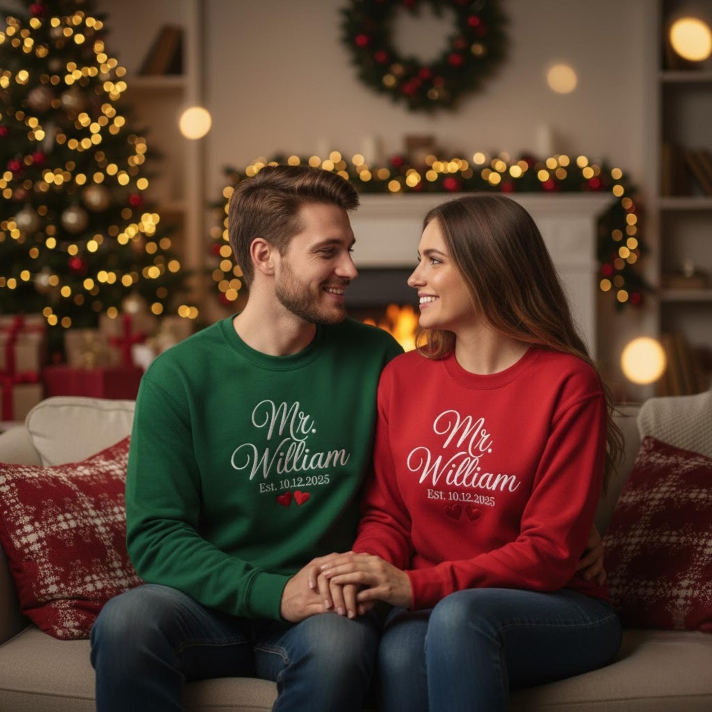 Embroidered Matching Couples Sweatshirt Personalized Hubby Wifey Initials Names His and Hers Gift Anniversary Custom Crewneck Sweatshirt