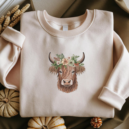Highland Cow Embroidered Sweatshirt: Farm Animal Design