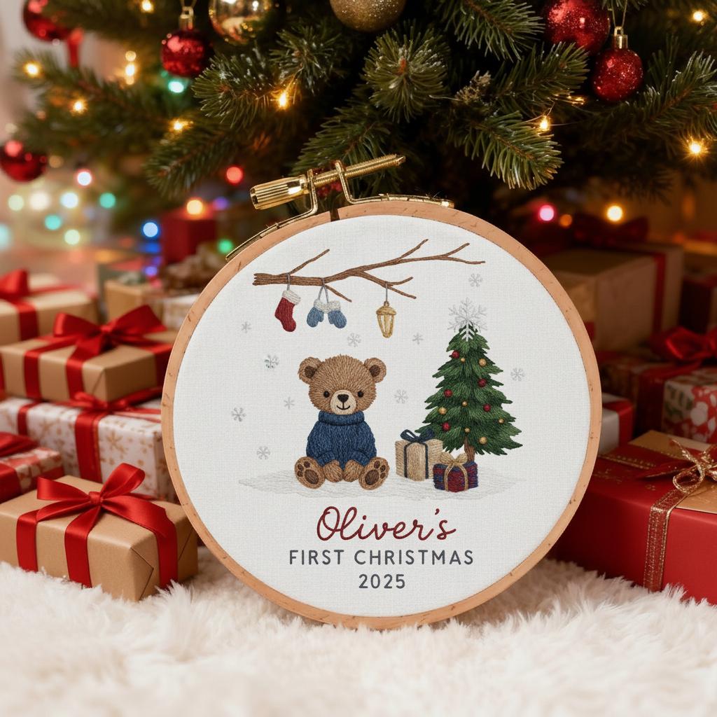Personalized Baby’s First Christmas Embroidered Ornament, Custom Newborn Keepsake, Baby Girl Ornament, Handmade New Baby Gift 3