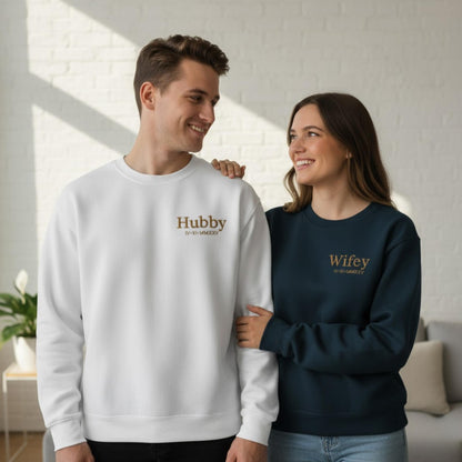 Custom Embroidered Wifey Hubby Sweatshirt Matching Couple Crewneck Wedding Gift Personalized Anniversary Date Sweater