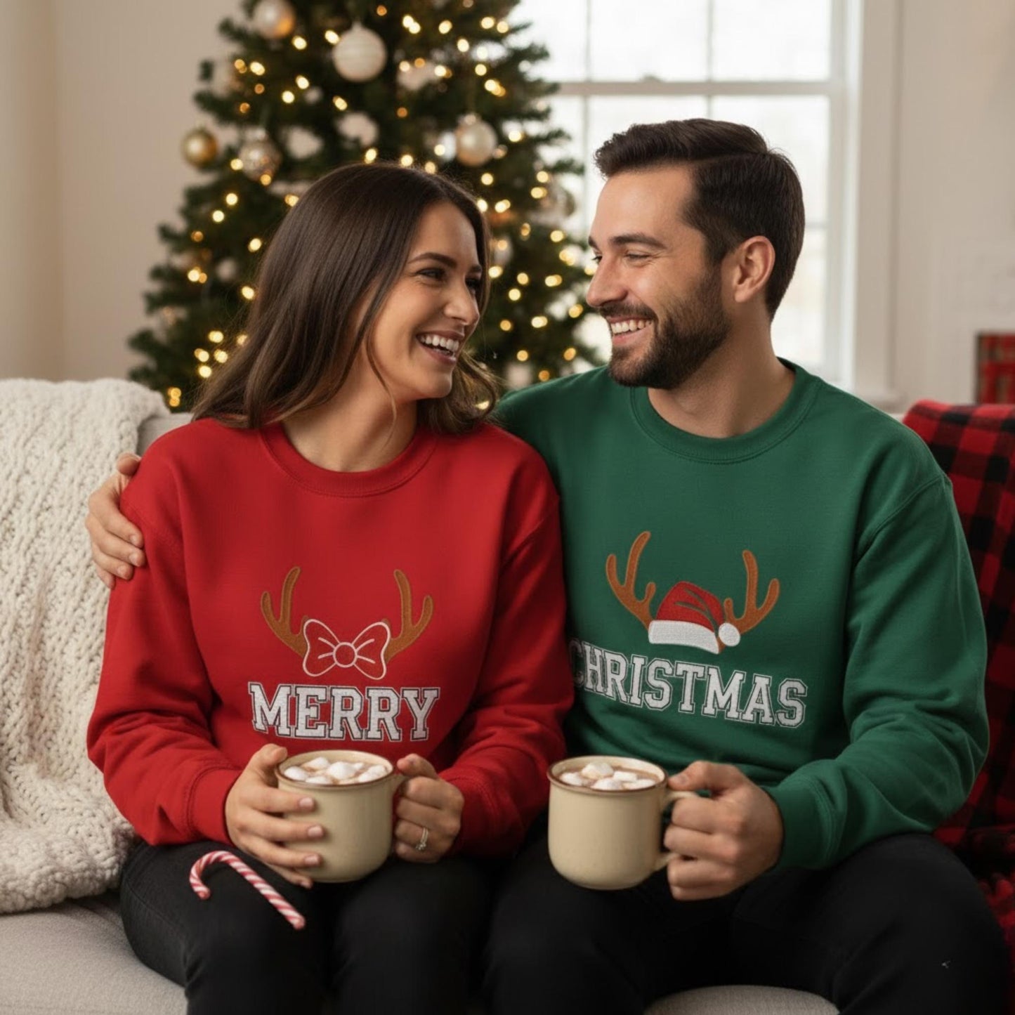 Embroidered Merry Christmas Matching Sweatshirt Couple Holiday Shirt Embroidery Crewneck Festive Winter Jumper Gift for Him Her