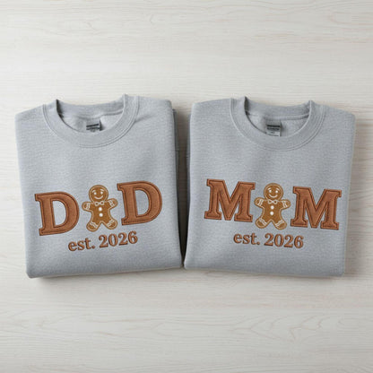 Matching Christmas Mom Dad Embroidered Sweatshirt Gingerbread Cookie Family Set Custom Est Date Pregnancy Reveal Mom To Be Dad To Be