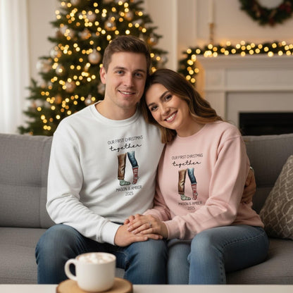 Custom Couple Embroidered Sweatshirt Our First Christmas Together Matching Mr and Mrs Outfit Personalized Names Newlywed Holiday Gift 2025