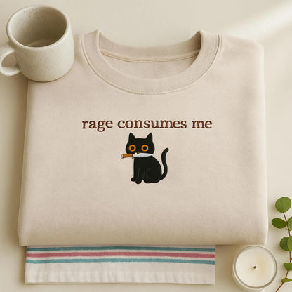 Rage Consumes Me Embroidered Sweatshirt: Funny Black Cat Meme