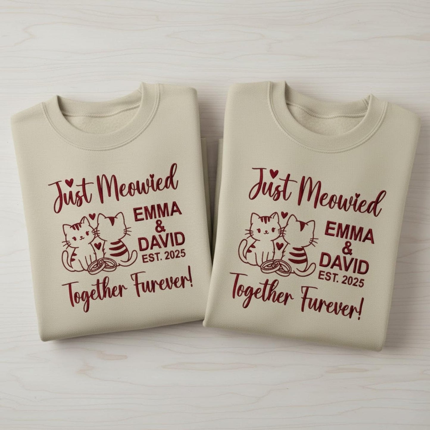Just Married Cat Lover Embroidered Sweatshirt Custom Wedding Cats Shirt Honeymoon Matching Bride Groom Gift Personalized