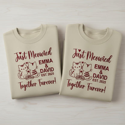 Just Married Cat Lover Embroidered Sweatshirt Custom Wedding Cats Shirt Honeymoon Matching Bride Groom Gift Personalized