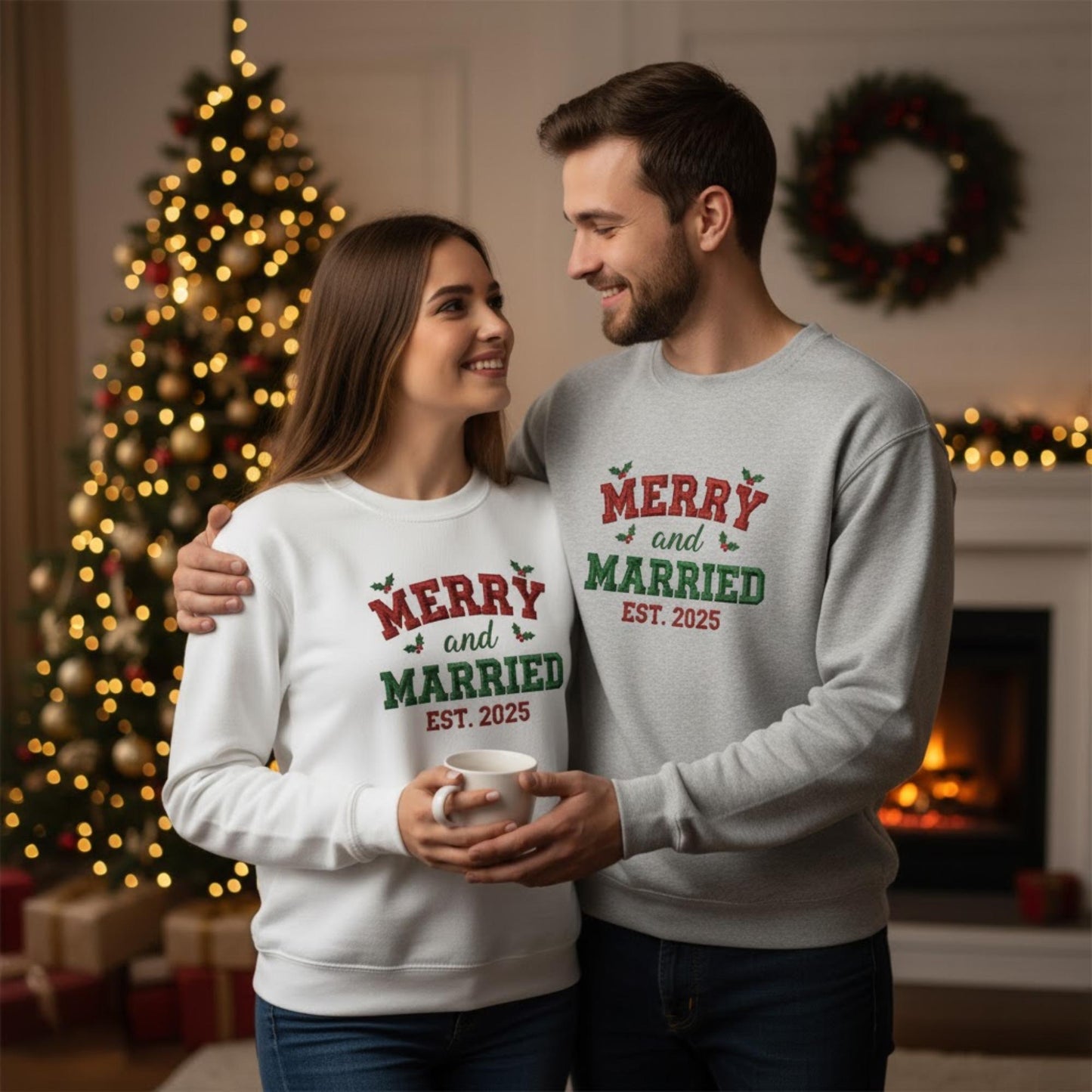 Merry and Married Embroidery Sweatshirt Christmas Newlywed Outfit Matching Couple Top Winter Fashion Bride and Groom Holiday Gift