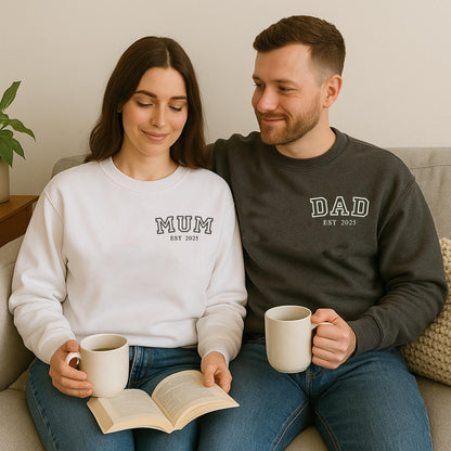 Personalised Embroidered DAD Est Hoodie, Custom DAD Est T Shirt, Custom Gift for New Parents, Matching Couple Gift, MUM Est Year Embroidery