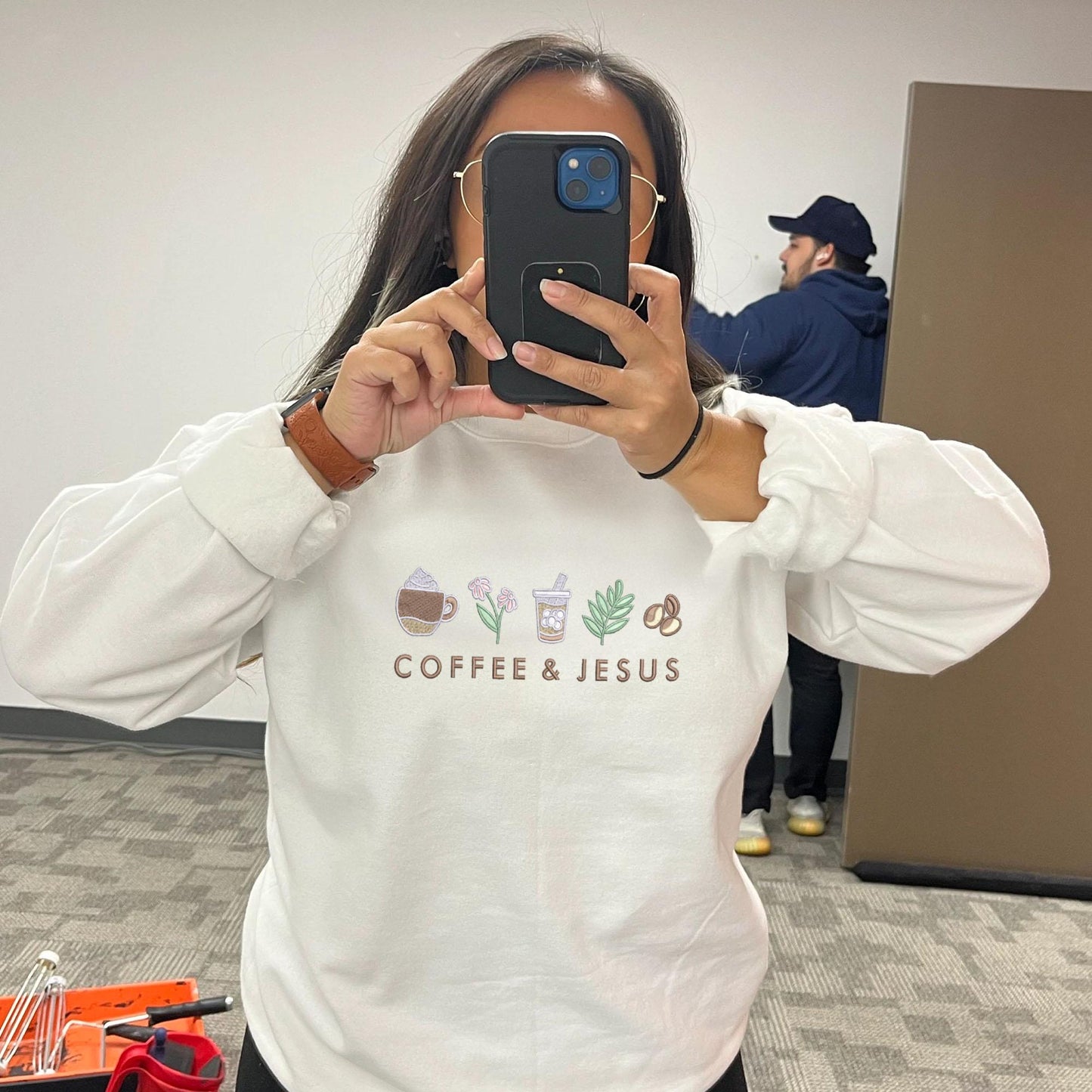 Embroidered Coffee and Jesus Crewneck: Christian Cozy Pullover