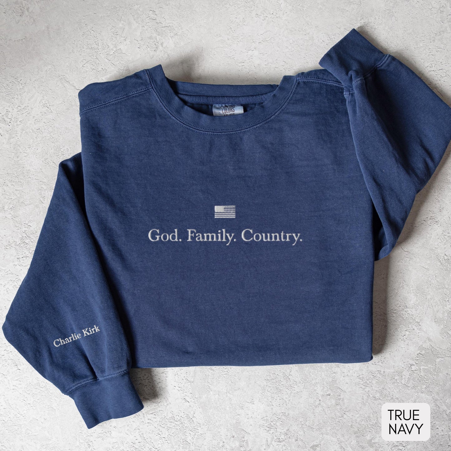 God. Family. Country. Embroidered Sweatshirt with Charlie Kirk Sleeve | vintage crewneck, american sweatshirt, christian sweatshirt