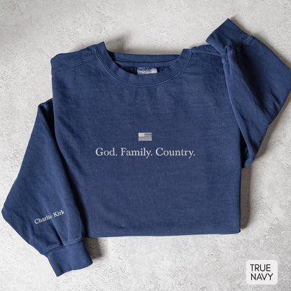 God. Family. Country. Embroidered Sweatshirt with Charlie Kirk Sleeve | vintage crewneck, american sweatshirt, christian sweatshirt