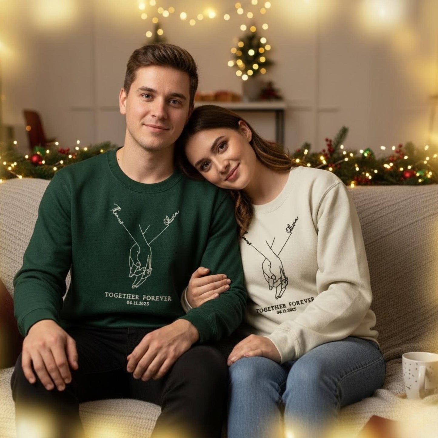Personalized Couples Embroidered Sweatshirt Holding Hands Line Art Custom Engagement Gift Matching His Her Love Shirt