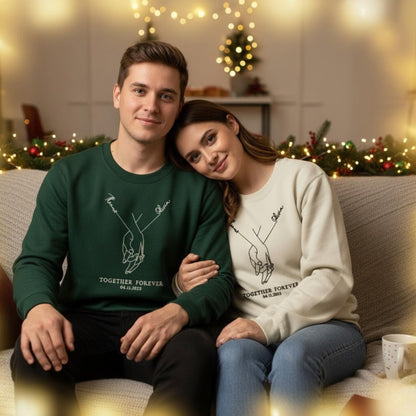 Personalized Couples Embroidered Sweatshirt Holding Hands Line Art Custom Engagement Gift Matching His Her Love Shirt