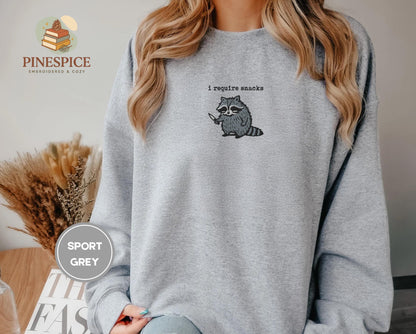 I require snacks sweatshirt, feral embroidered raccoon sweater, funny cozy gildan 18000, funny unhinged gift, embroidered animal sweatshirt