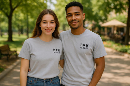 Personalized Embroidered Couple Sweatshirt, Hoodie Custom Initials Wedding Date on Left Chest Anniversary Gift T-Shirt, Valentines Day Shirt