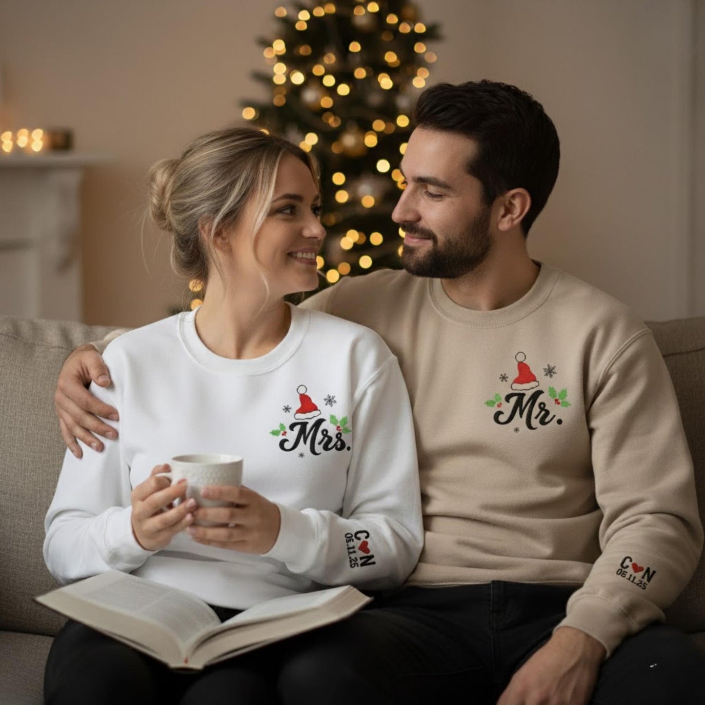 Personalized Embroidered Christmas Couple Sweatshirt Custom Initials And Anniversary Date Matching Mr And Mrs Holiday Gift