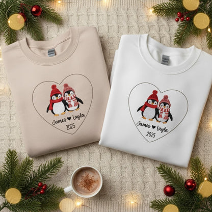 Personalized Penguin Couple Embroidered Sweatshirt Custom Names Matching Mr and Mrs Outfit Newlywed Holiday Gift Cozy Christmas Sweater 2025