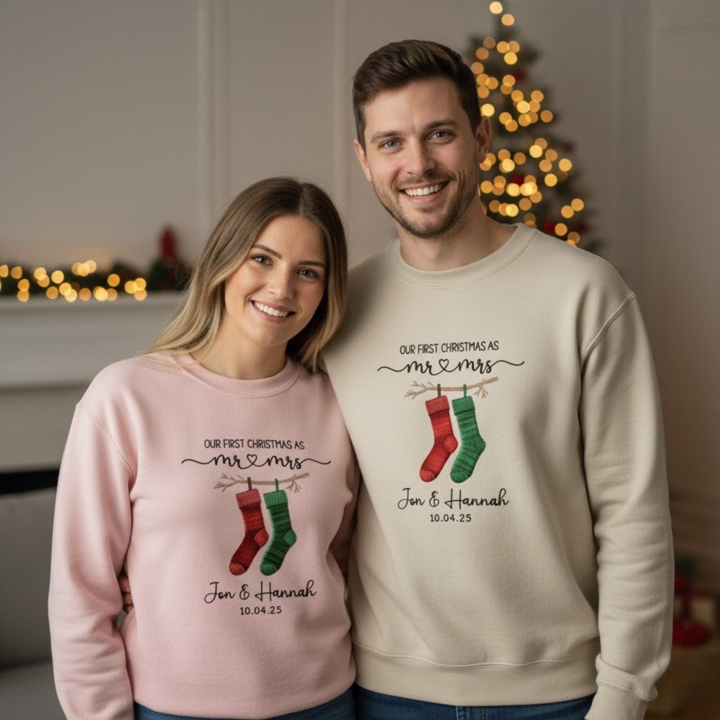 Our First Christmas Married Embroidered Sweatshirt Custom Couple Names Mr and Mrs Matching Outfit Personalized Newlywed Gift 2025