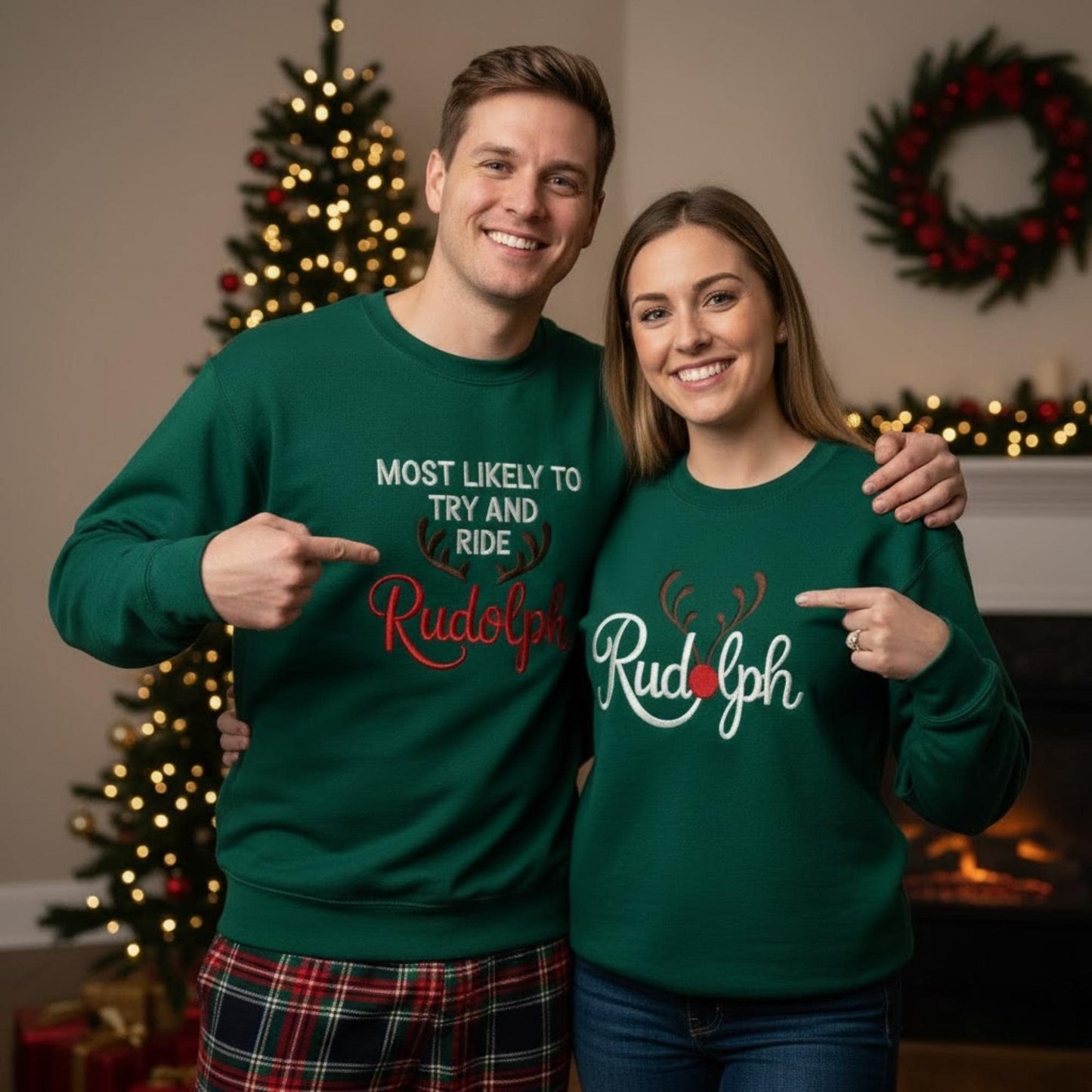 Embroidered Couples Sweatshirt Most Likely To Try And Ride Rudolph Matching Christmas Sweatshirt Funny Couple Holiday Gift His And Hers