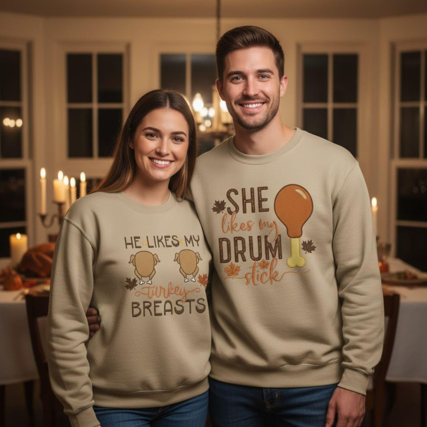 Matching Embroidered Thanksgiving Couple Sweatshirt Turkey Breast Drumstick Humor Fall Vibes Personalized His And Hers Sweatshirt Gift