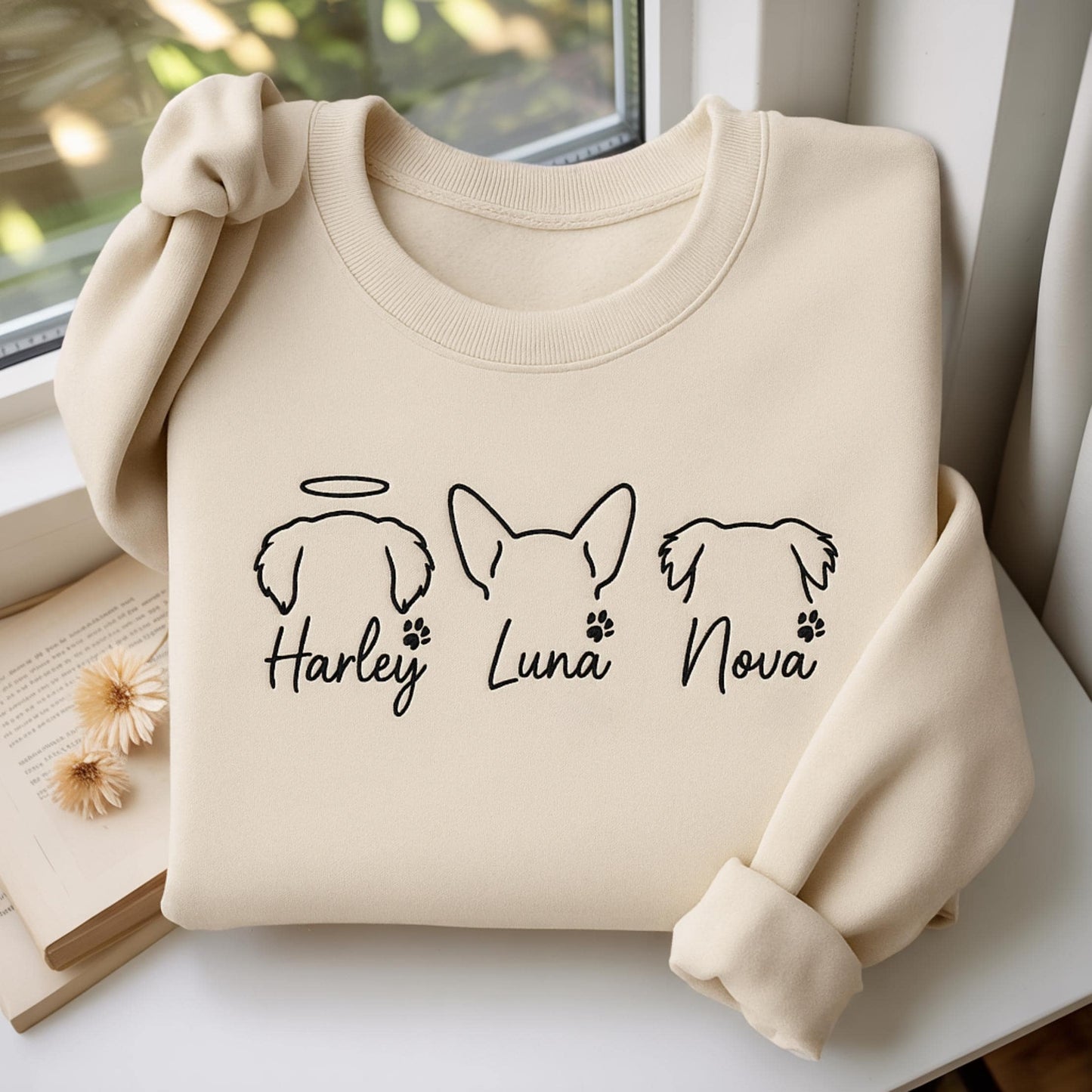 Embroidered Pet Portrait Sweatshirt, Custom Dog Cat Ears, Pet Lover Gift