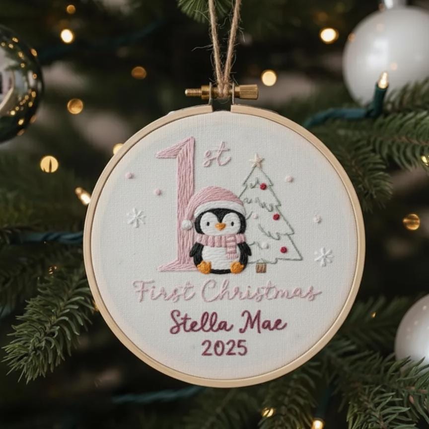 Custom Reindeer Baby's First Christmas Hand Embroidered Ornament, Personalized Unique Gift for New Baby, 2025 Christmas Gift, Holiday Decor 6