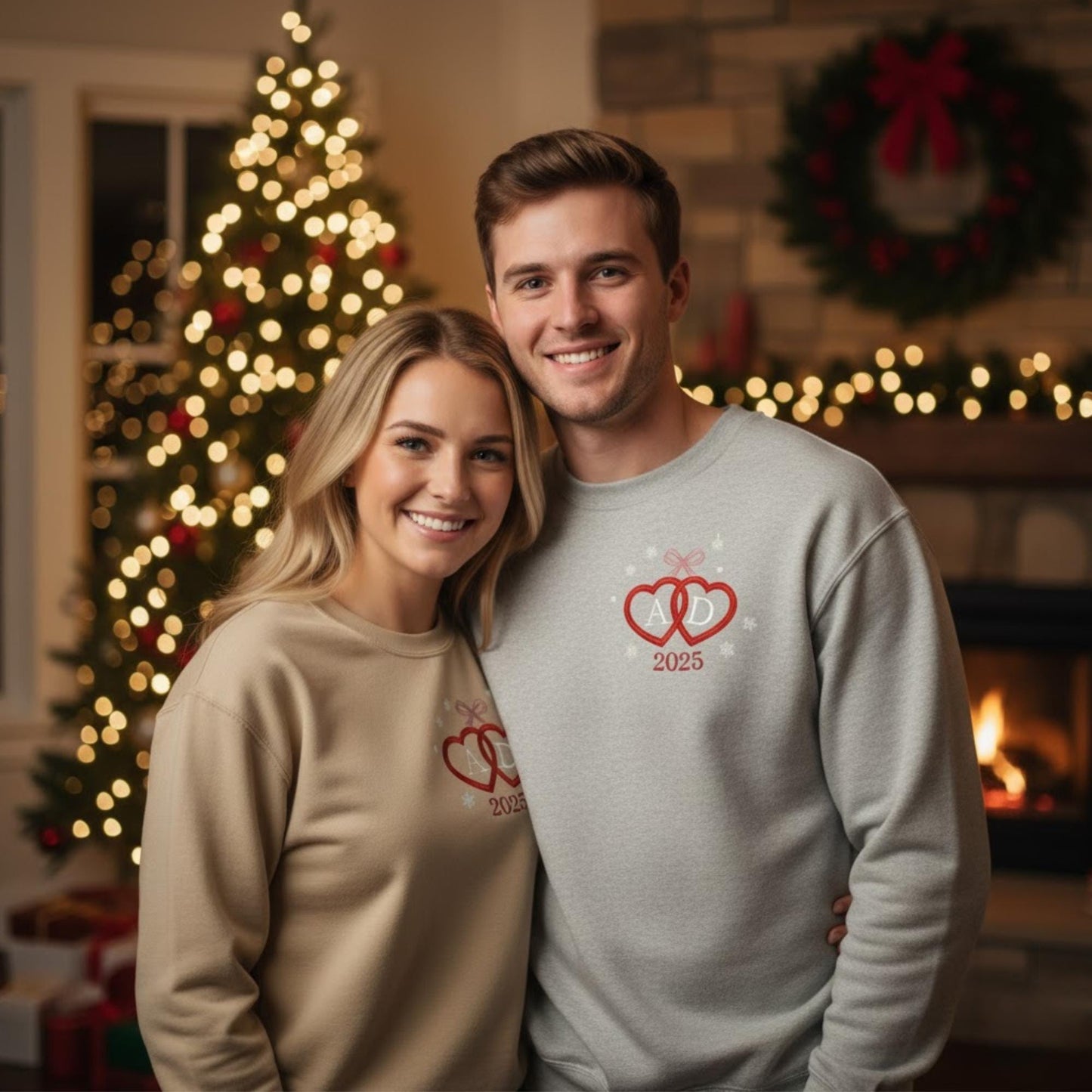 Heart Bow Embroidered Sweatshirt Personalized Couple Christmas and Valentine Gift, Custom Initials Monogram Shirt, Romantic Matching Outfit