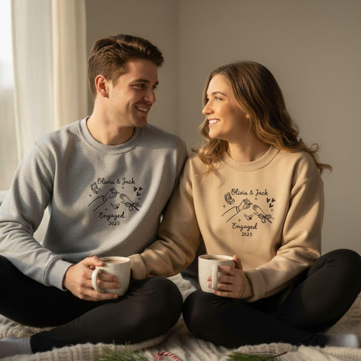 Personalized Engaged Couple Sweatshirt Custom Embroidery Names and Date Matching Outfit Engagement Gift Newly Engaged Winter Sweater